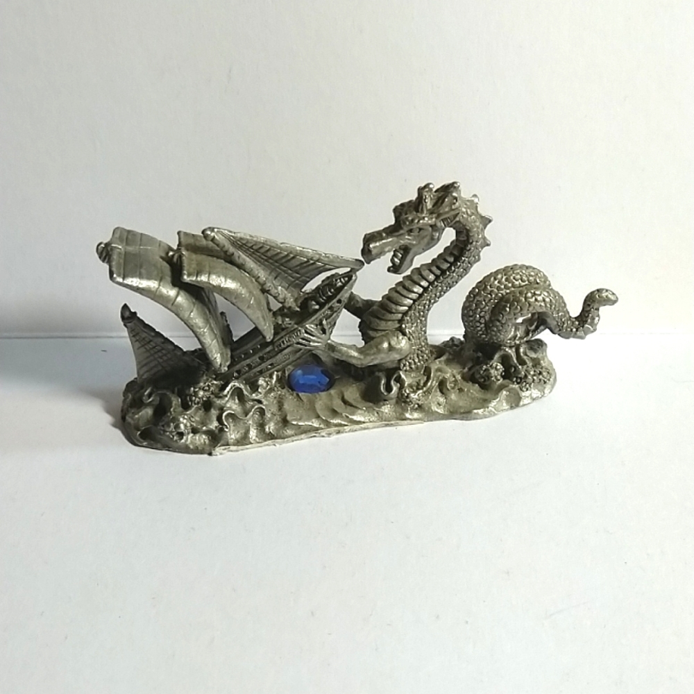 3" DND VTG pewter mini dragon attacking sailing ship with crystal. Spoontiques